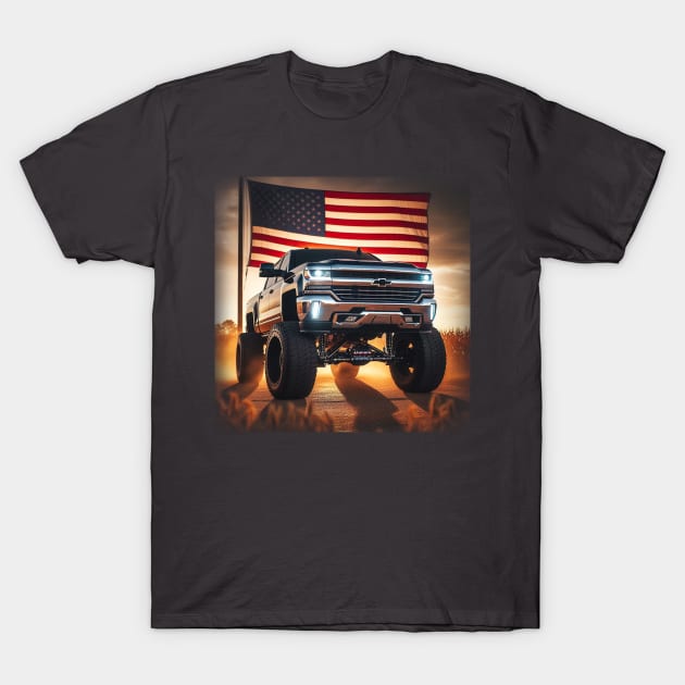 Chevrolet Silverado and The American Flag by Gas Autos T-Shirt by GasAut0s